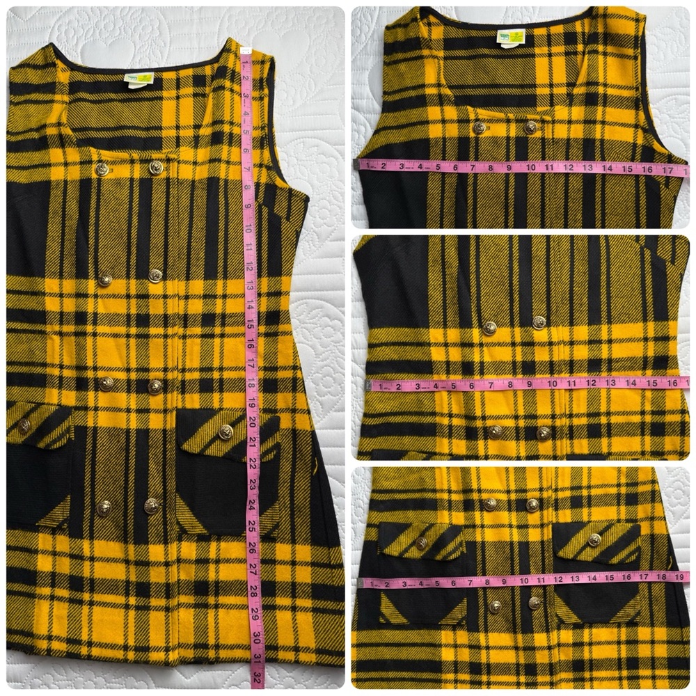 Vintage 1972 Lemon Frog Sears Jumper Black Gold Yellow Plaid Dress Junior 14 - Picture 9 of 13